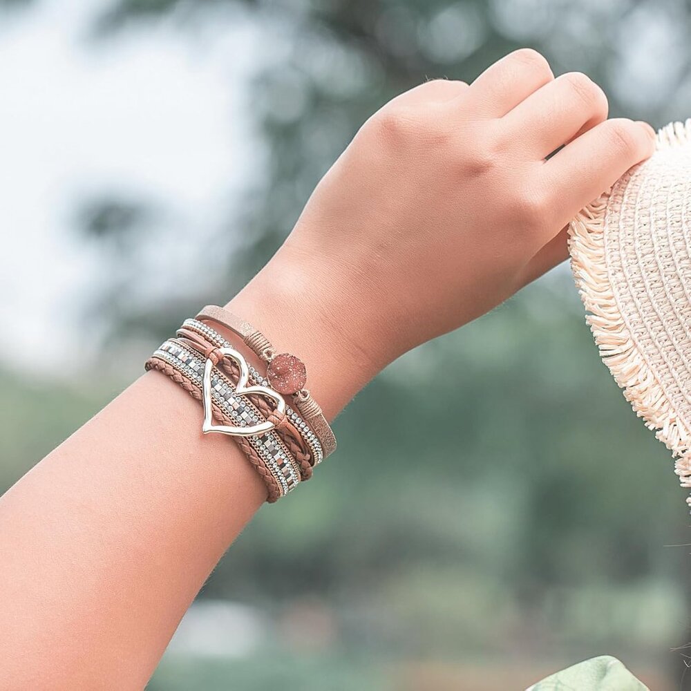 Heart Leather Wrap Bracelets Stackable Boho Cuff … - image 8